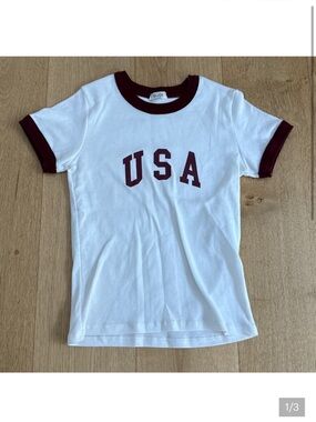 Brandy Melville White Tee with Burgundy USA Ringer Detail